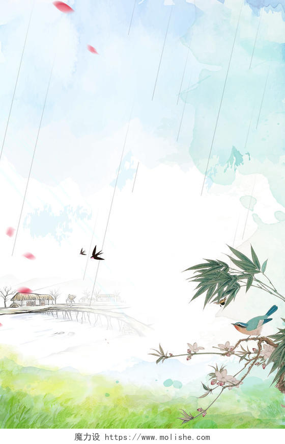 彩绘小鸟谷雨传统节日二十四节气风景海报